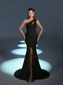 Faeriesty 优雅迷人的单肩亮片开衩晚礼服 - 完美适用于红毯活动、奢华婚礼、正式晚宴、浪漫约会、毕业舞会和生日派对，春夏连衣裙 - 黑色 - 查看 5