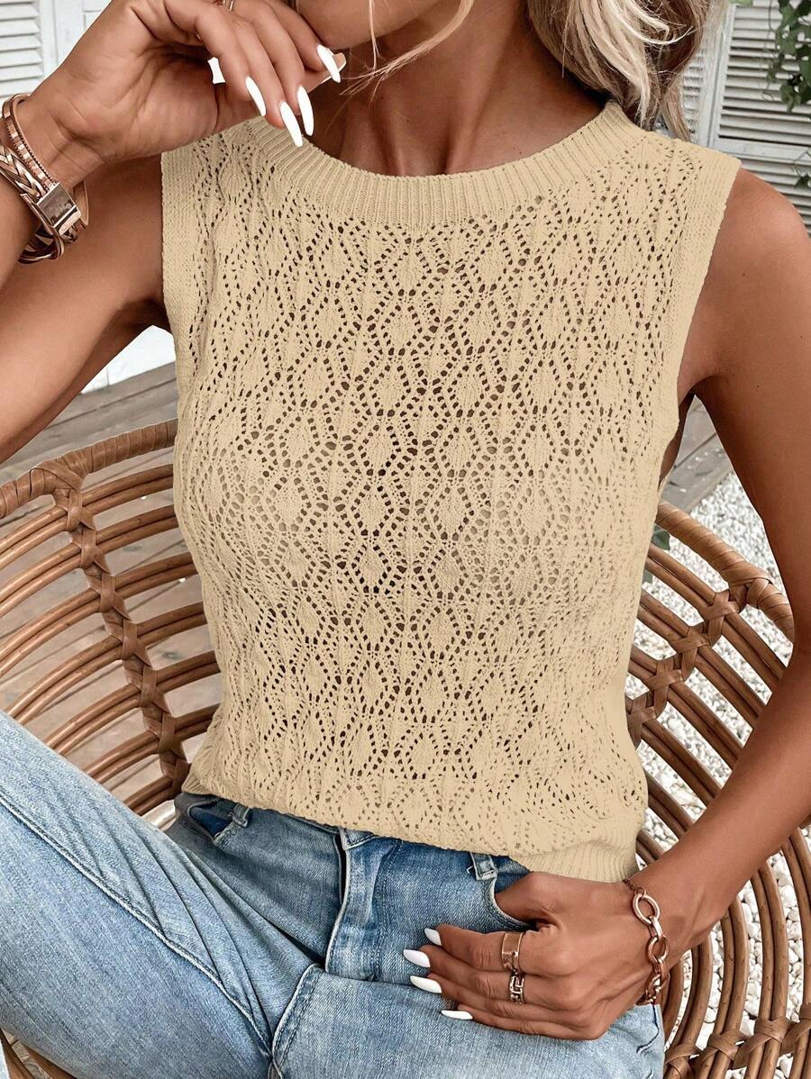 Breezaya Áo len không tay đơn giản màu trơn dành cho nữ, trang phục hàng ngày - Màu Khaki - Xem 1