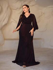 SHEIN Belle Vestido formal elegante de talla grande en color rojo vino con mangas tipo capa y corte estilo sirena, vestido de noche sencillo - Burdeos - Ver 2