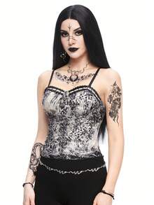 ROMWE Goth Áo yếm ren in hình rắn với màu sắc tương phản, ruy băng lụa và dây thắt lưng cho nữ - Nhiều màu - Xem 4