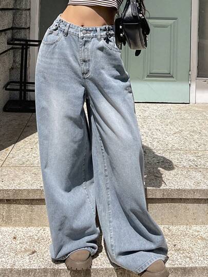 DAZY 女士朴素简约日常牛仔长裤、宽松牛仔裤、返校服
