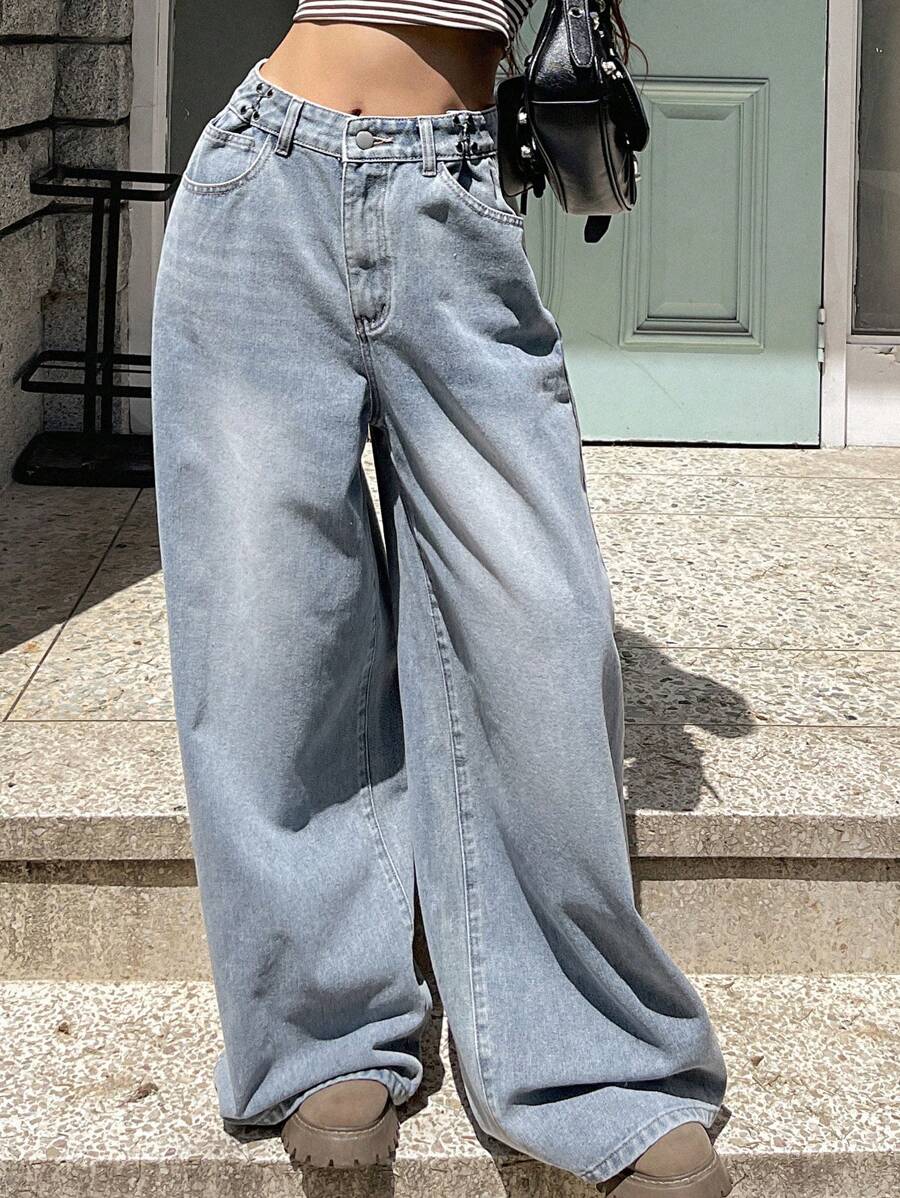 DAZY Pantalones vaqueros largos de uso diario sencillos y lisos para damas, jeans holgados, ropa de vuelta al colegio - Lavado ligero - Ver 1