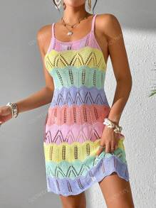 Ținute de vară Boho Vacanță pe plajă pentru femei, culori contrastante, patchwork, rochie slip din tricot