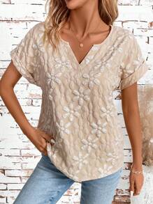 SHEIN Clasi Áo sơ mi ngắn tay bằng vải Jacquard nữ có cổ chữ V, mùa hè - Màu be - Xem 6