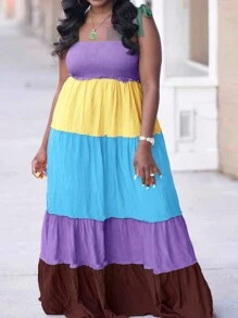 Slaydiva Robe ample grande taille avec patchwork multicolore décontracté de vacances avec bretelles pour femmes, robe longue d'été ample - Multicolore - Voir 1