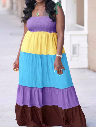 Slaydiva Vestido casual de talla grande para vacaciones con diseño patchwork en múltiples colores y silueta en A, con tirantes para mujer, vestido largo y holgado para verano