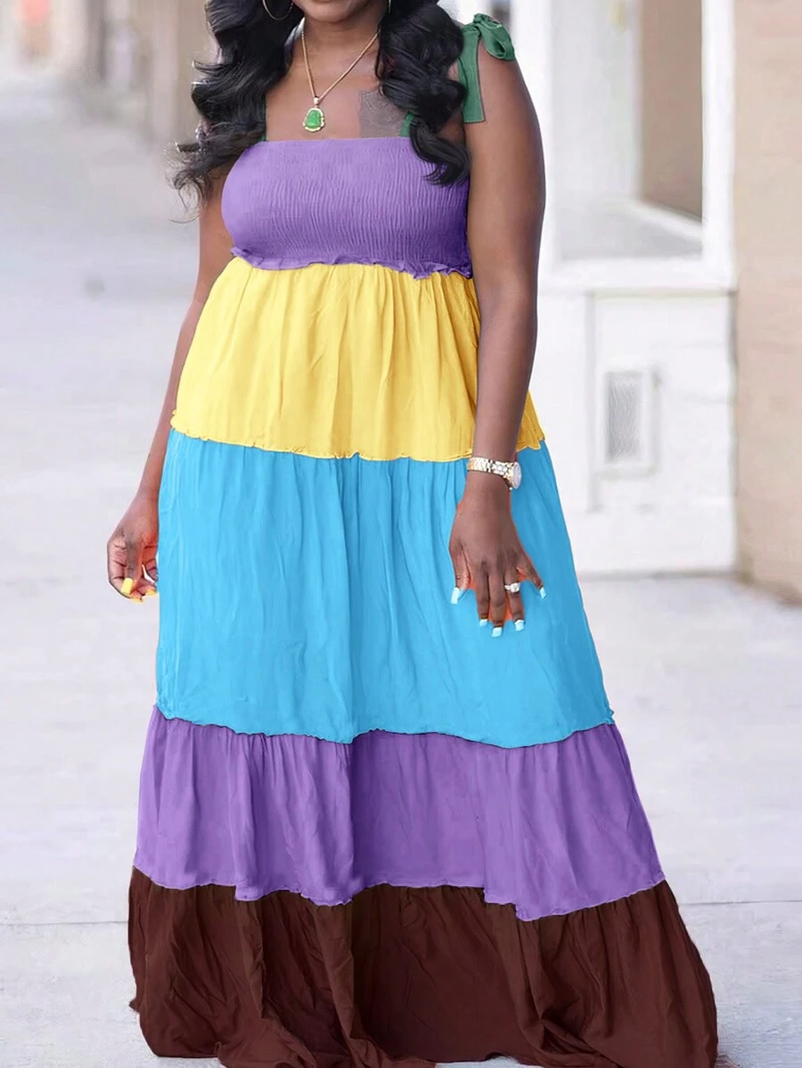 Slaydiva Robe ample grande taille avec patchwork multicolore décontracté de vacances avec bretelles pour femmes, robe longue d'été ample - Multicolore - Voir 1