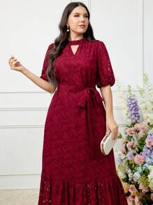 Modelyn Burgundy Red Plus Size Elegant Cutout Flower Puff Sleeve Dress - Burgundy - View 2