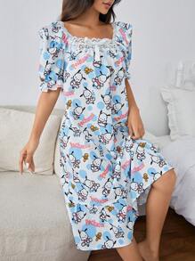 HELLO KITTY AND FRIENDS | SHEIN 舒適可愛全印花拼接花邊修飾女式夏季睡衣