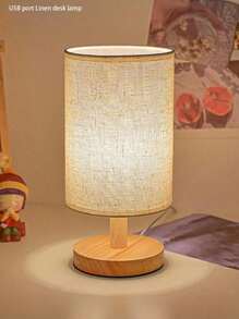 1pc Modern Nordic Linen Bedroom Lamp With Wooden Frame And Warm Led Usb Bedside Lamp, Suitable For Bedroom, Study, Etc.
