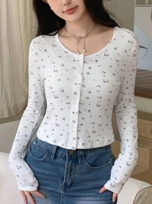 DAZY Women's Spring/Summer Floral Printed Long Sleeve Single-Breasted T-Shirt And Vest Set,Fall Clothes - White - View 6