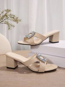 New Style Square Buckle Rhinestone Slippers Women's High-Heeled Sandals Valentines,Spring Summer Outfits - Beige - View 5