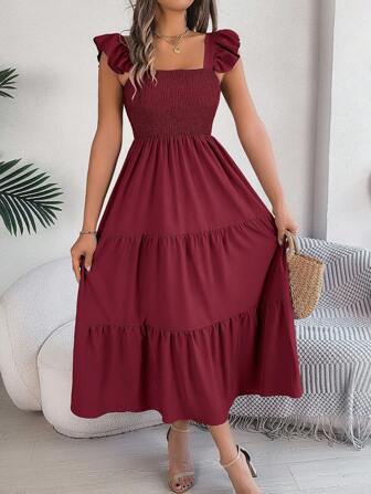 Nuevo vestido midi casual con cuello cuadrado, sin espalda, con volantes, de un solo color, color vino tinto, para primavera/verano
