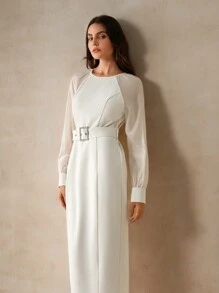 Anewsta Vintage Party Patchwork White Women's Woven Dress With Cinched Waist
