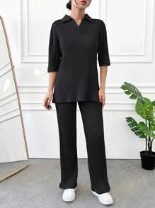 Cottnline Cotton Women's Spring/Summer Casual Solid Color Ribbed Knit 2-Piece Set - Black - View 1