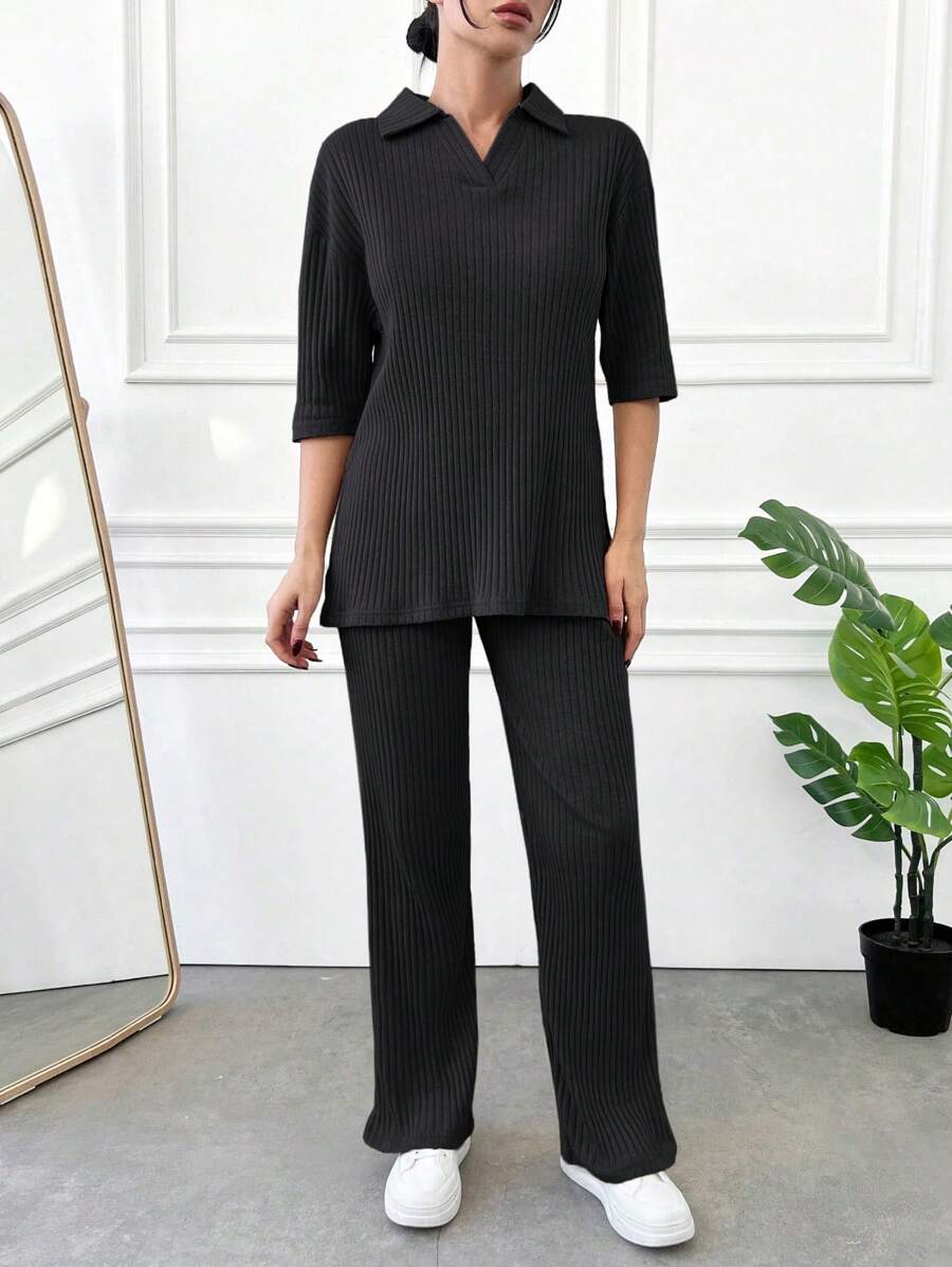 Cottnline Cotton Women's Spring/Summer Casual Solid Color Ribbed Knit 2-Piece Set - Black - View 1