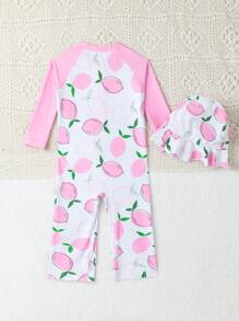 SHEIN Baby Girl Printed Zipper Rash Guard Swimsuit With Cap
