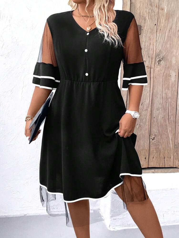 Plus Size V-Neck Single-Breasted Mesh Splice Casual Dress
