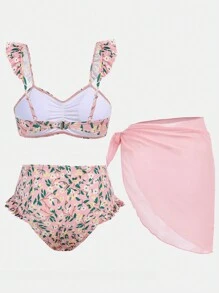 SHEIN Teen Girl Pink Ditsy Floral Mini Flutter Sleeve Bikini With Ruffle Trim And Sarong Cover-Up Set, Ideal For Beach Vacation And Swimming