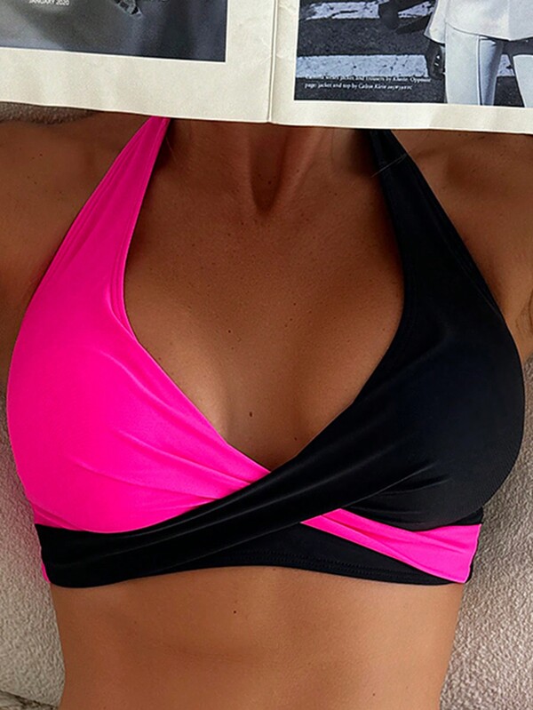 Swim Lushoire Women's Summer Beach Colorblock Halter Neck Bikini Top
