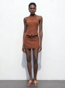 Maija 2pcs Brown Back To School Outfit For Women, Simple Solid Color Cold-Shoulder Top And Mini Skirt Set