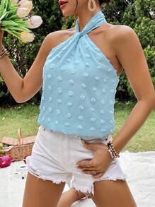 SHEIN VCAY Vacation Solid Color Woven Off-Shoulder Halter Regular-Fit Women's Blouse - Baby Blue - View 3