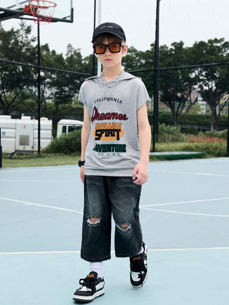Tween Boy Summer Casual Sleeveless Hooded Tank Top With Letter Print And Distressed Denim Shorts Set