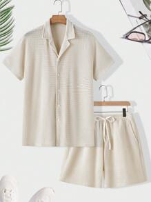 Manfinity VCAY 男士翻领短袖上衣和短裤针织休闲两件套夏季服装