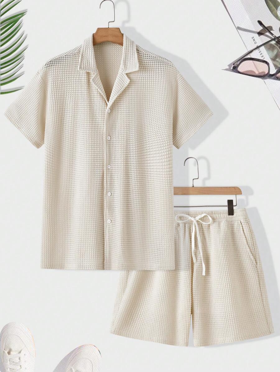 Manfinity VCAY 男士翻领短袖上衣和短裤针织休闲两件套夏季服装