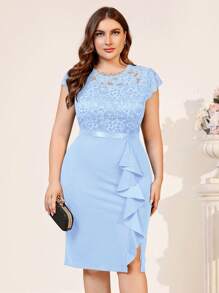 MIUSOL Plus Sheer Floral Lace Bodice Ruffle Draped Cocktail Party Split Hem Dress - Baby Blue - View 1