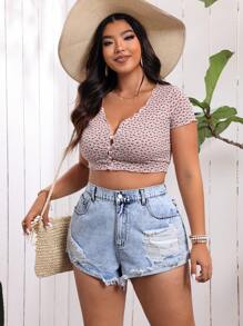 Breezaya Shorts en denim décontracté et déchiré pour le vacances en grande taille avec bord frangé