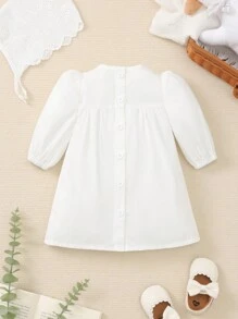 SHEIN 2pcs Baby Girls' Elegant And  Lace Frill Puff Sleeve Dress With Hat, Versatile - White - View 2