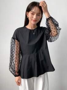 FRIFUL 女式夏季撞色网眼灯笼袖休闲衬衫，荷叶边长袖上衣 - 黑色 - 查看 5