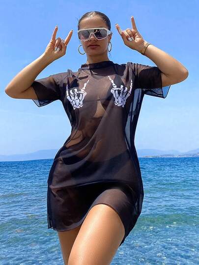 Swim SXY Vestido de cubierta de manga corta con cuello redondo y estampado de posicionamiento para mujer, Halloween