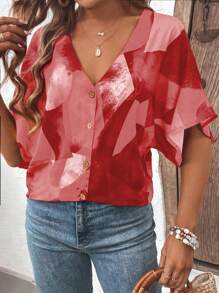 SHEIN LUNE Sommerliches Freizeithemd mit Knopf-Details und Kontrastfarben am V-Ausschnitt