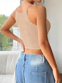 SHEIN EZwear 女士夏季時尚全配實色露脐背心 - 卡其色 - 查看 2
