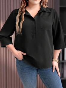 EMERY ROSE Plus Size Solid Color Button-Up Turn-Down Collar Casual Shirt For Summer Fall - Black - View 5