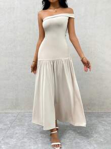 SHEIN Privé Women's Elegant Summer Off-White Midi Dress,Asymmetrical Neck Ruffles Cinched Waist A-Line Party Dress For Vacation,Date,Wedding,Homecoming & Brunch - Apricot - View 7