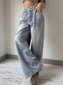 DAZY Pantalones vaqueros largos de uso diario sencillos y lisos para damas, jeans holgados, ropa de vuelta al colegio - Lavado ligero - Ver 7