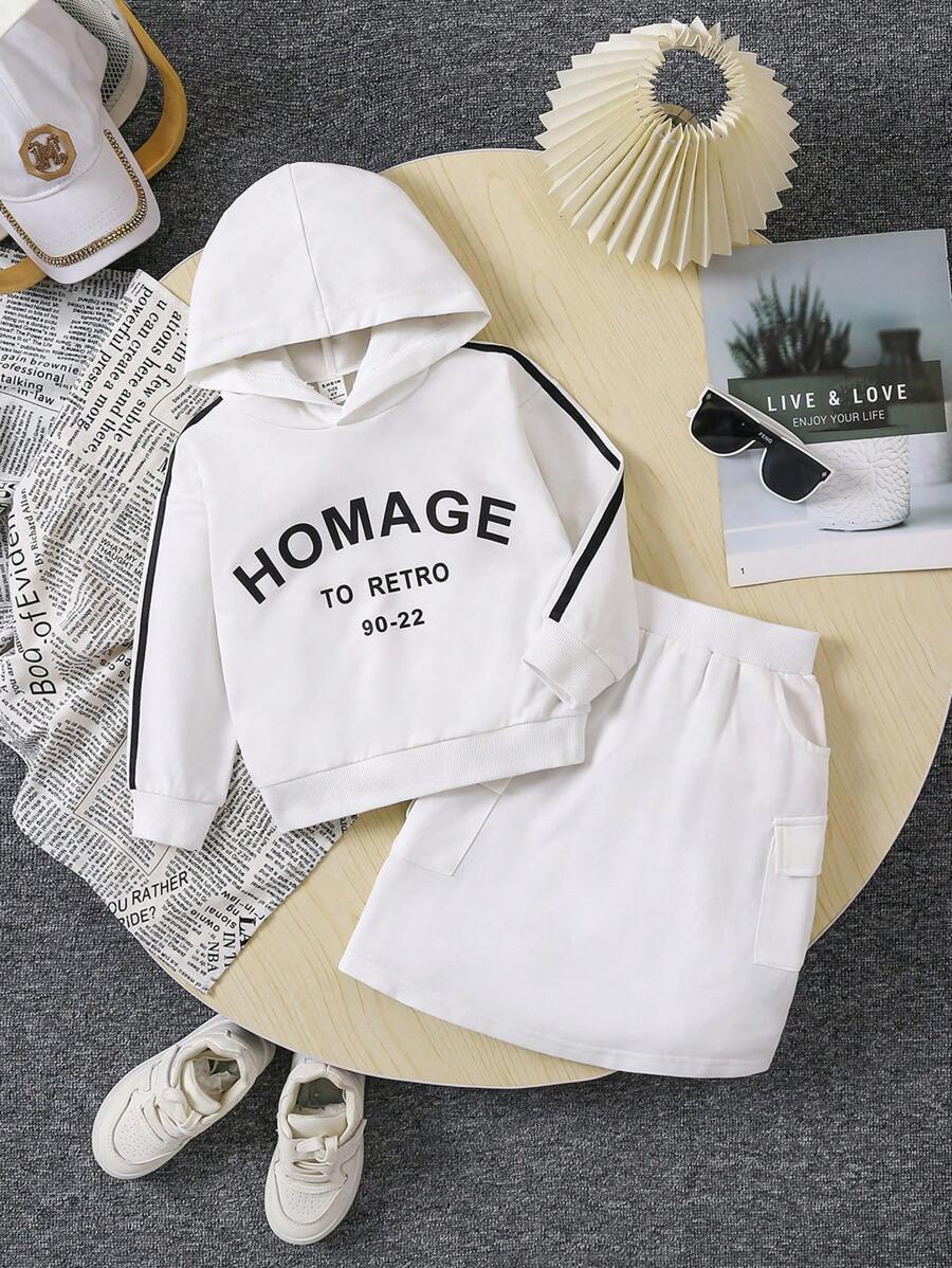 SHEIN Bộ áo và váy in chữ theo phong cách đại học thường ngày dành cho các cô gái trẻ - Xám - Xem 1