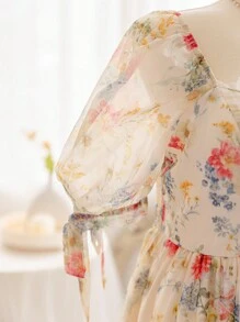 Soleia Plus Size Women Sweetheart Neck Puff Sleeve Floral Patchwork Talia A-Line Falbana Wykończenie Organza Casual Powrót Do Szkoły Słodka Lunch Mini Sukienka, Styl Wakacyjny