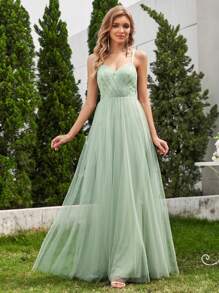 EVERPRETTY Sequin Contrast Mesh Backless Bridesmaid Dress - Mint Green - View 1