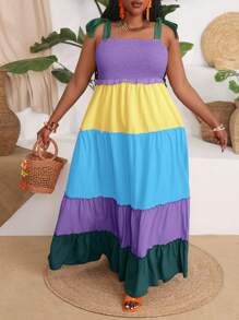 Slaydiva Robe ample grande taille avec patchwork multicolore décontracté de vacances avec bretelles pour femmes, robe longue d'été ample - Multicolore - Voir 5