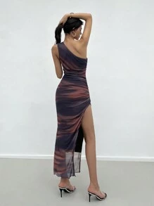 Firerie 女士水洗染印花一字肩褶皺緊身中長裙，適用於夏季休閒、渡假、浪漫約會或音樂節