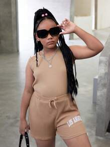 SHEIN Body pentru fete Tween, mărime extinsă, din tricot, de culoare solidă, cu pantaloni scurți din tricot largi 2 buc/Set ținută casual