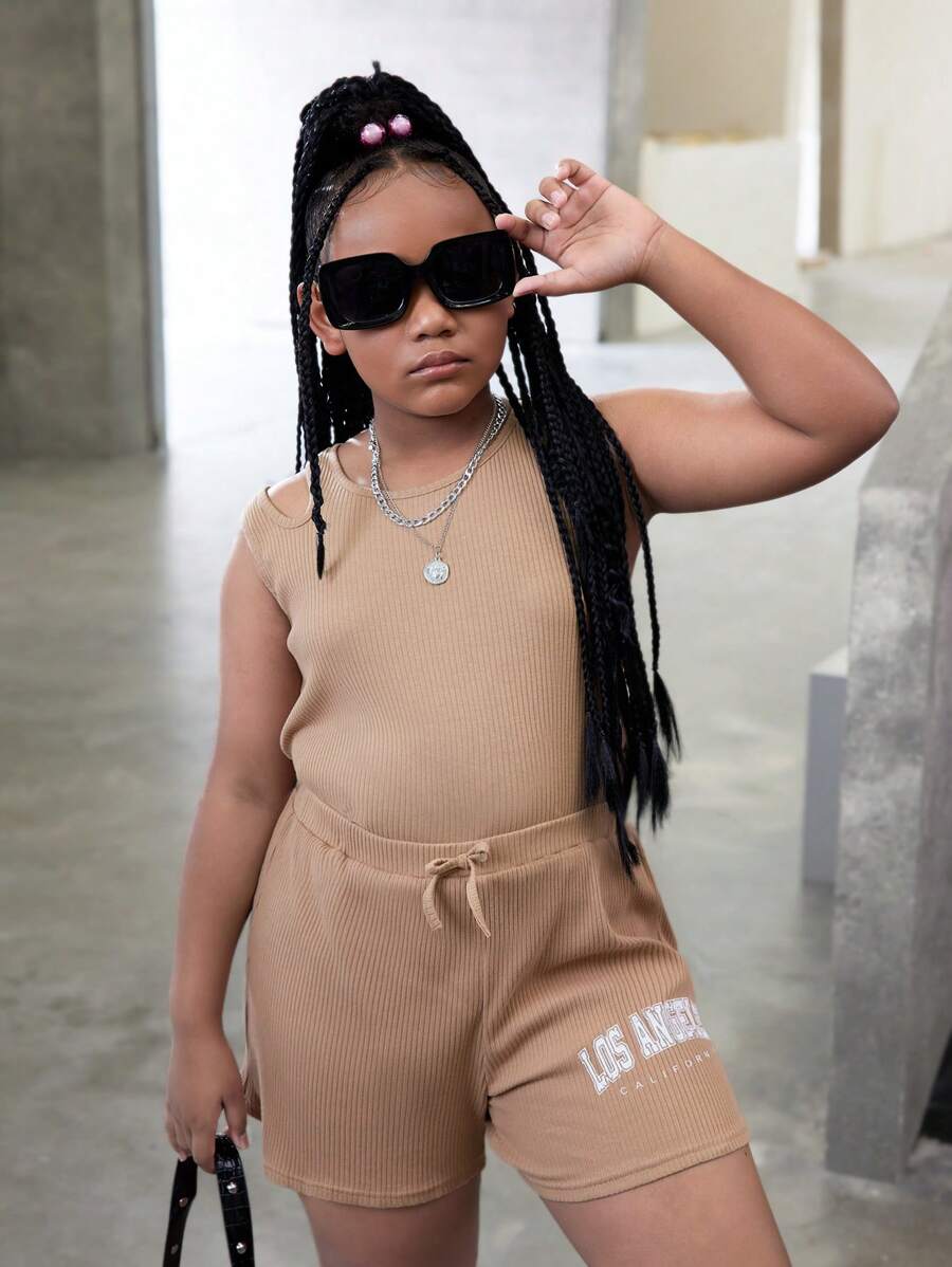 SHEIN Body pentru fete Tween, mărime extinsă, din tricot, de culoare solidă, cu pantaloni scurți din tricot largi 2 buc/Set ținută casual