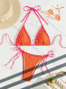 SHEIN Swim 女性夏季海灘比基尼套裝泳裝，配有頸項和性感銅扣開孔設計 - 亮橙色 - 查看 6