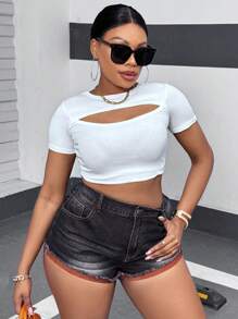 SHEIN SXY Plus Size Women's Fringed Denim Shorts, Summer Casual Sexy Slim Fit Elastic Rainbow Fabric Shorts - Multicolor - View 5