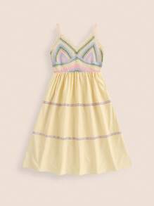 SHEIN Tween Girl 2pcs Knitted Top Casual Blue Spaghetti Strap Dress Set