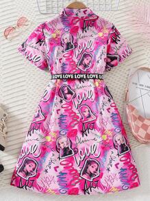 Tween Girl Fashion Printed Patchwork Notched Collar Dress - Multicolor - View 2